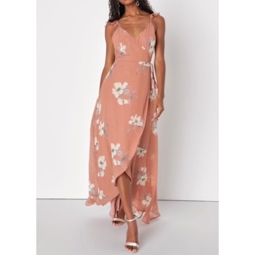 Lulus Wrap Maxi Dress Womens S Rusty Rose Floral High-Low Ruffle Strap 65229